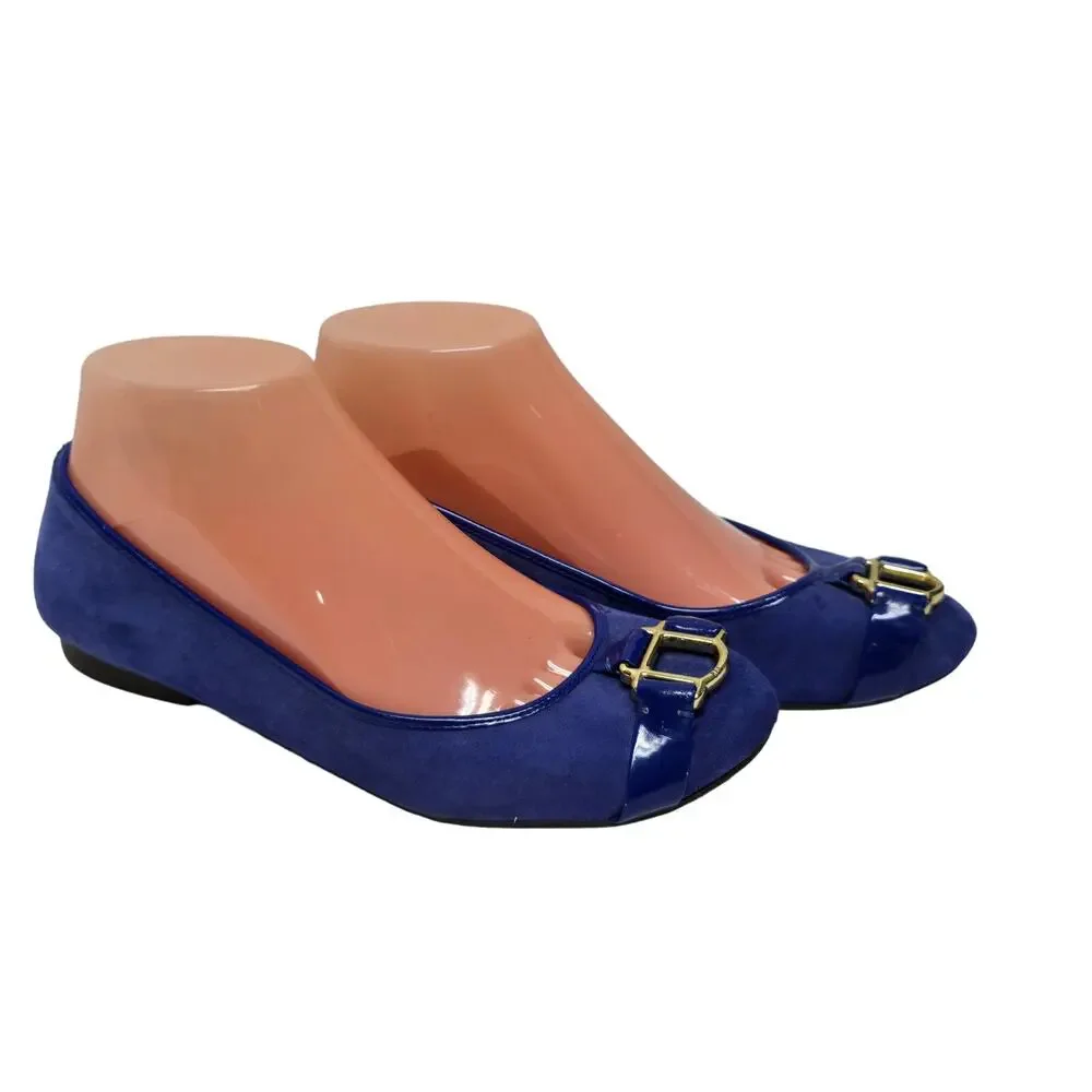 Lauren Ralph Blue Suede Loafer Slip On Shoes Gold Buckle Accent Slides